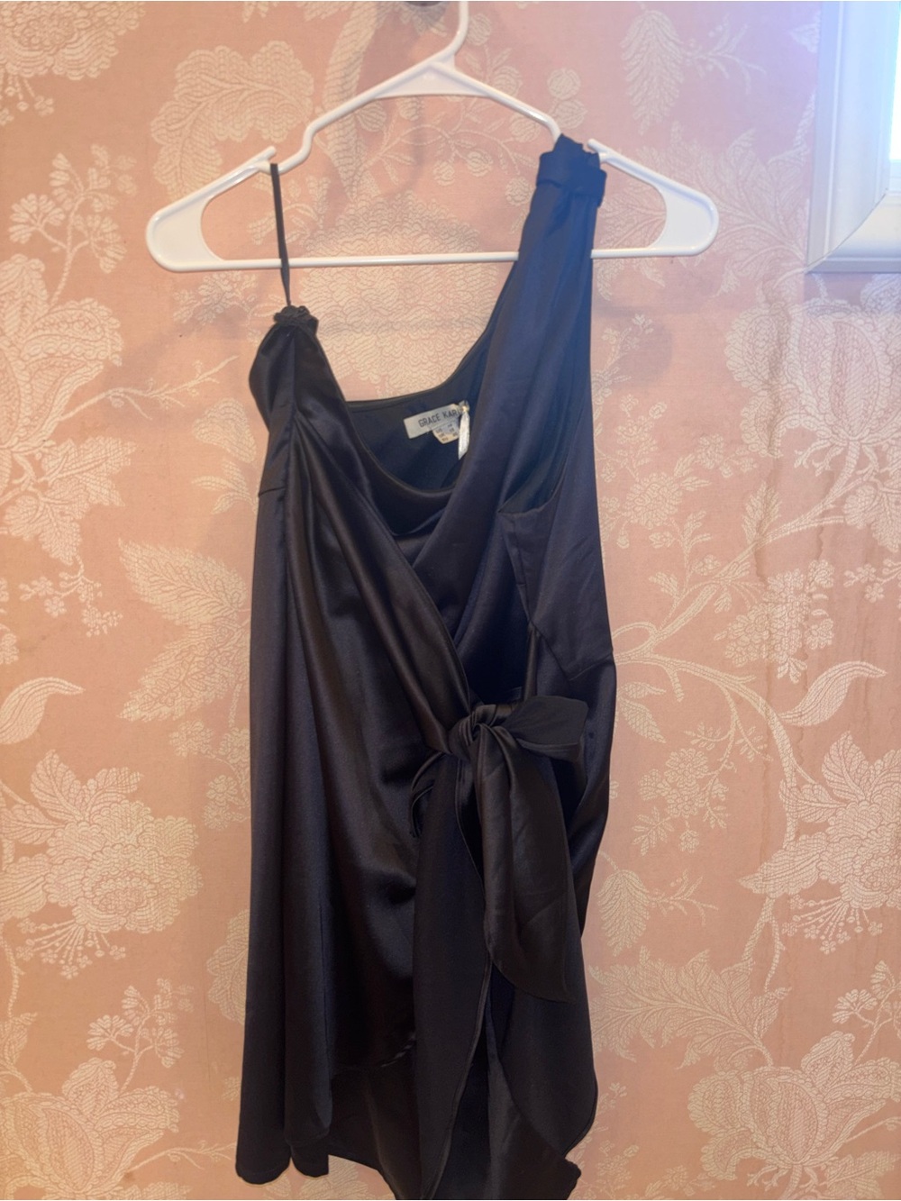 Grace Karin Black One-Shoulder Satin Tie-Waist Dress